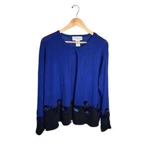Bedford Fair Cardigan Sequins Vintage Size Large Petite Blue Black Button Up